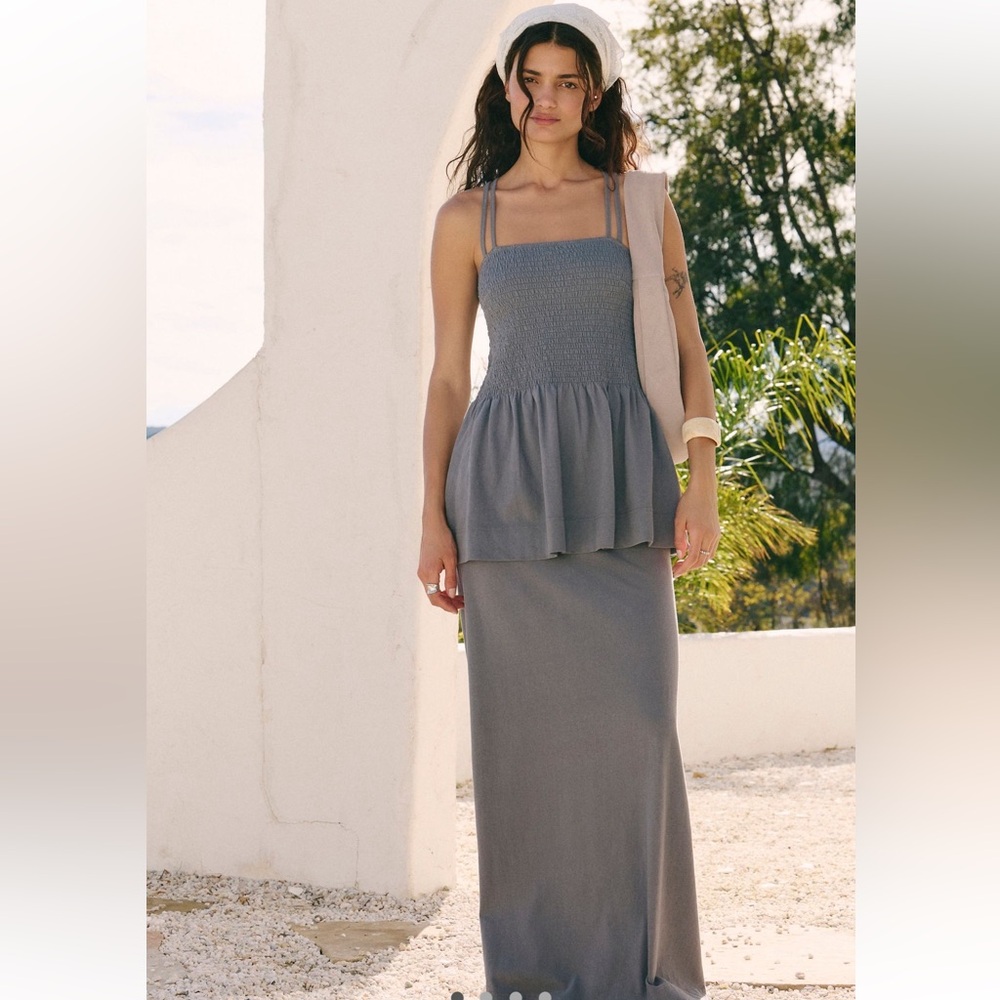Free People Grey Smocked Peplum Maxi Skirt Set